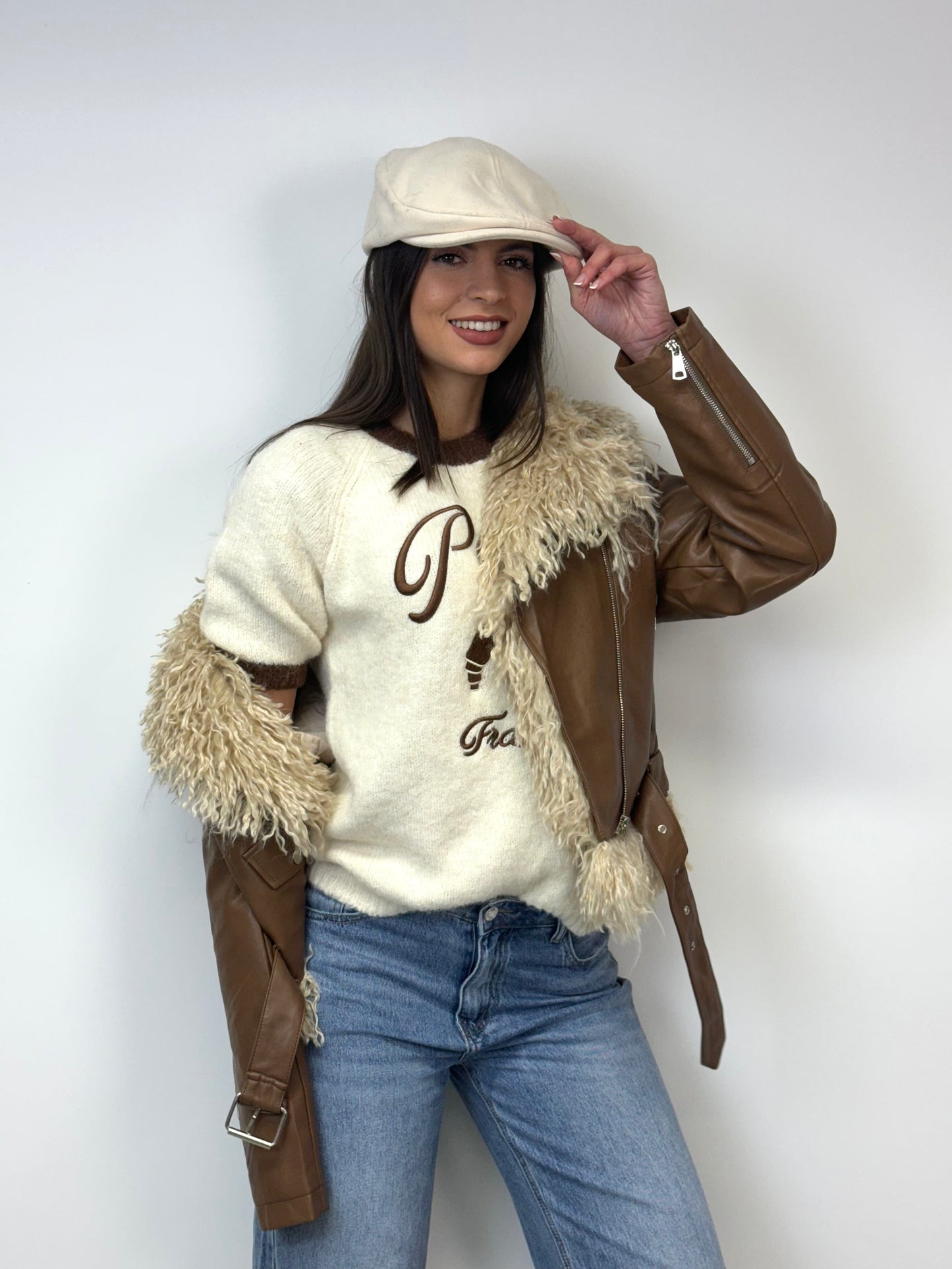 Chiodo simil pelle e pelliccia camel