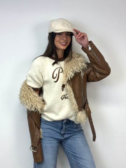 Chiodo simil pelle e pelliccia camel