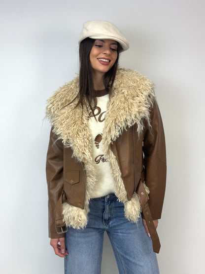 Chiodo simil pelle e pelliccia camel