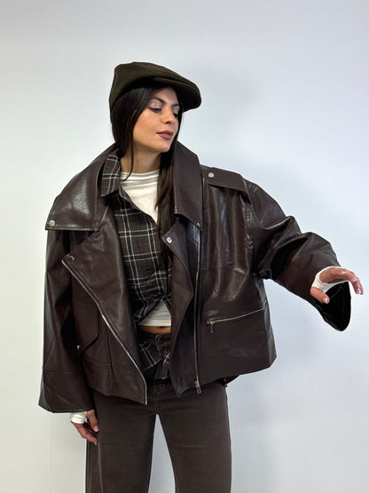 Giacca chiodo simil pelle over choco
