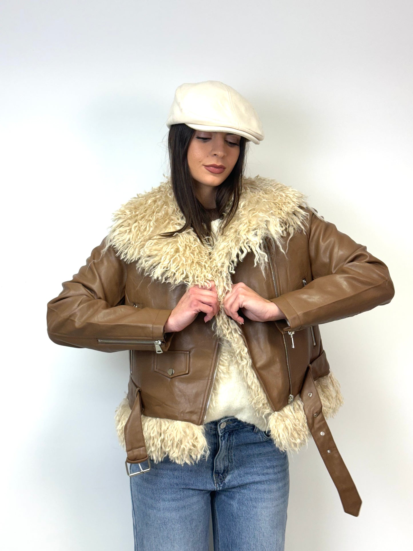 Chiodo simil pelle e pelliccia camel