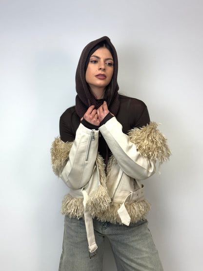 Chiodo simil pelle e pelliccia crema