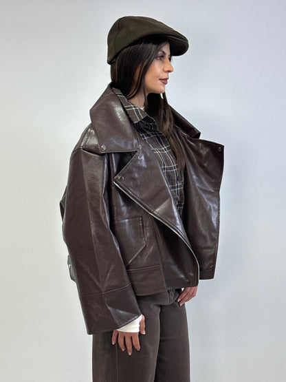 Giacca chiodo simil pelle over choco
