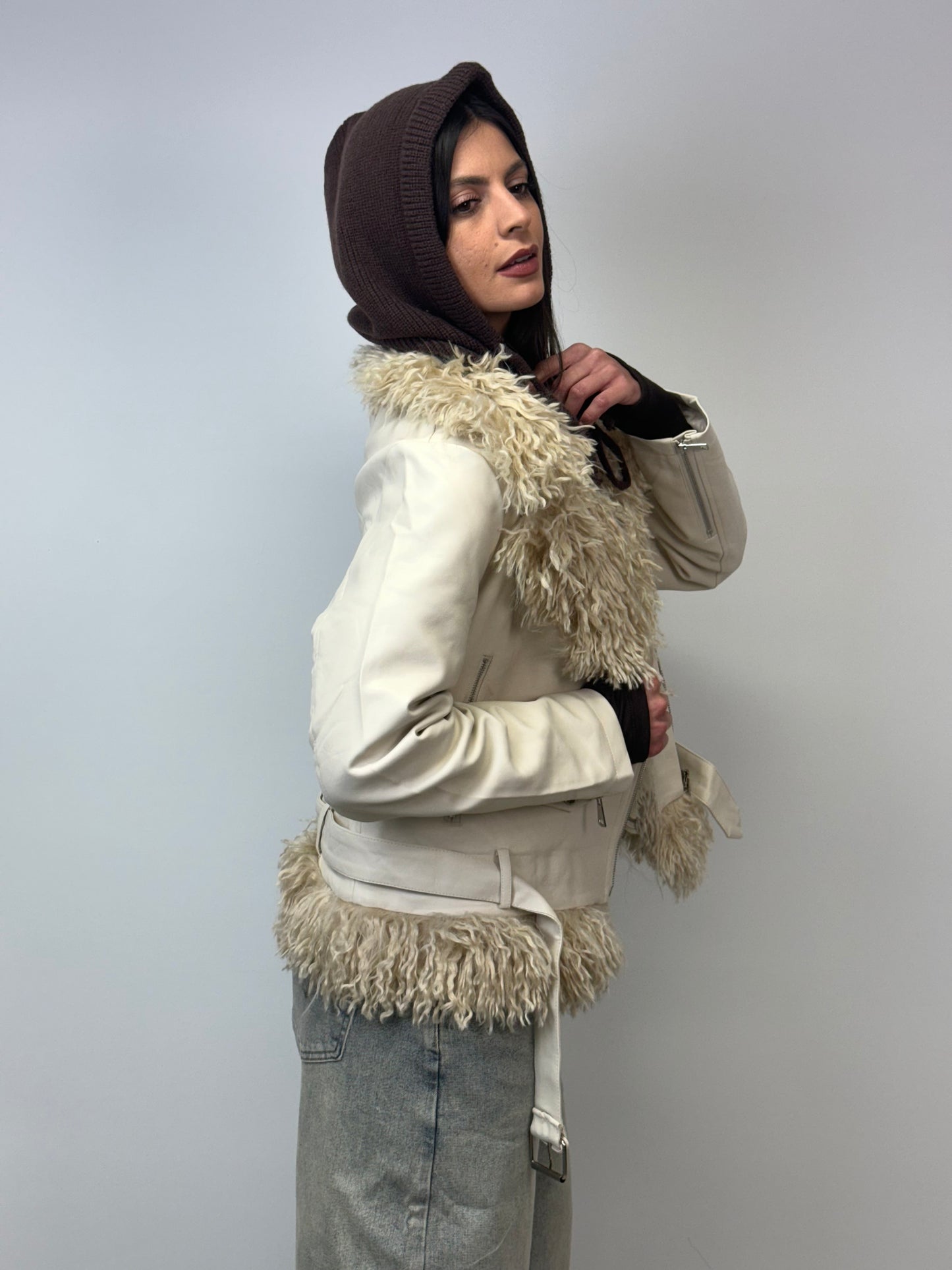 Chiodo simil pelle e pelliccia crema