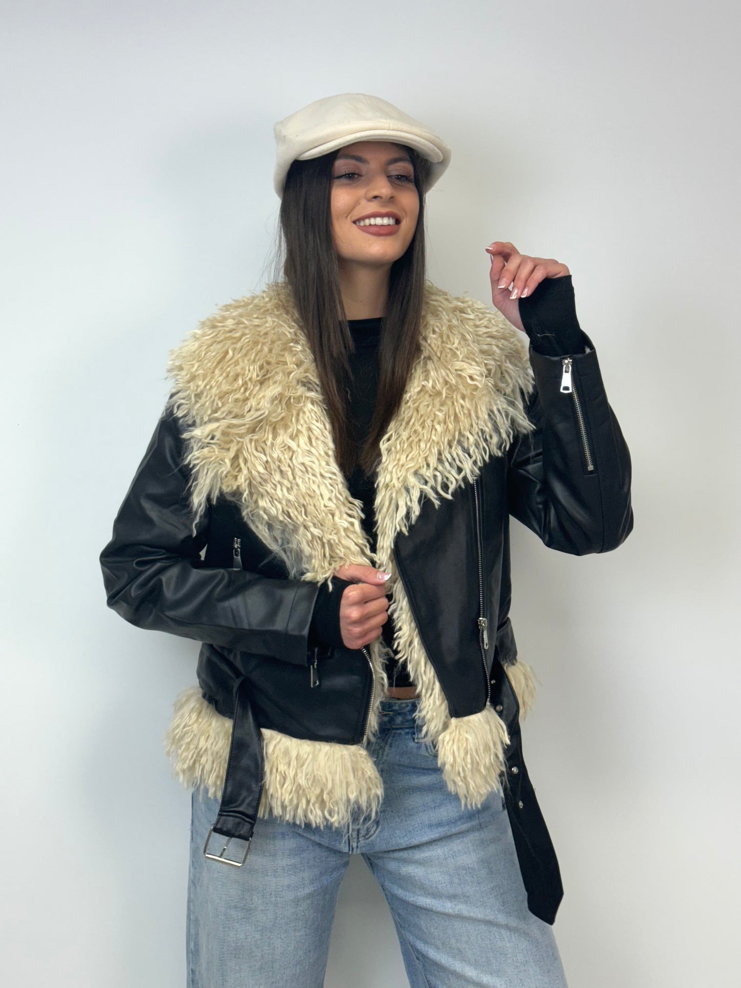 Chiodo simil pelle e pelliccia nero