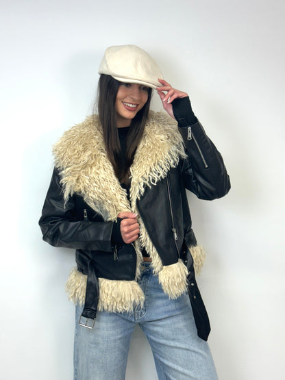 Chiodo simil pelle e pelliccia nero