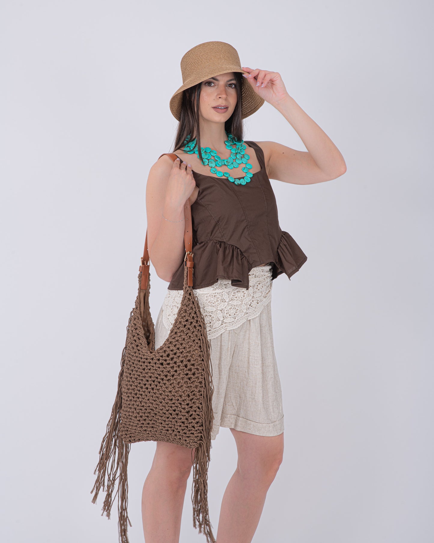 BORSA PAGLIA FRANGE MARRONE