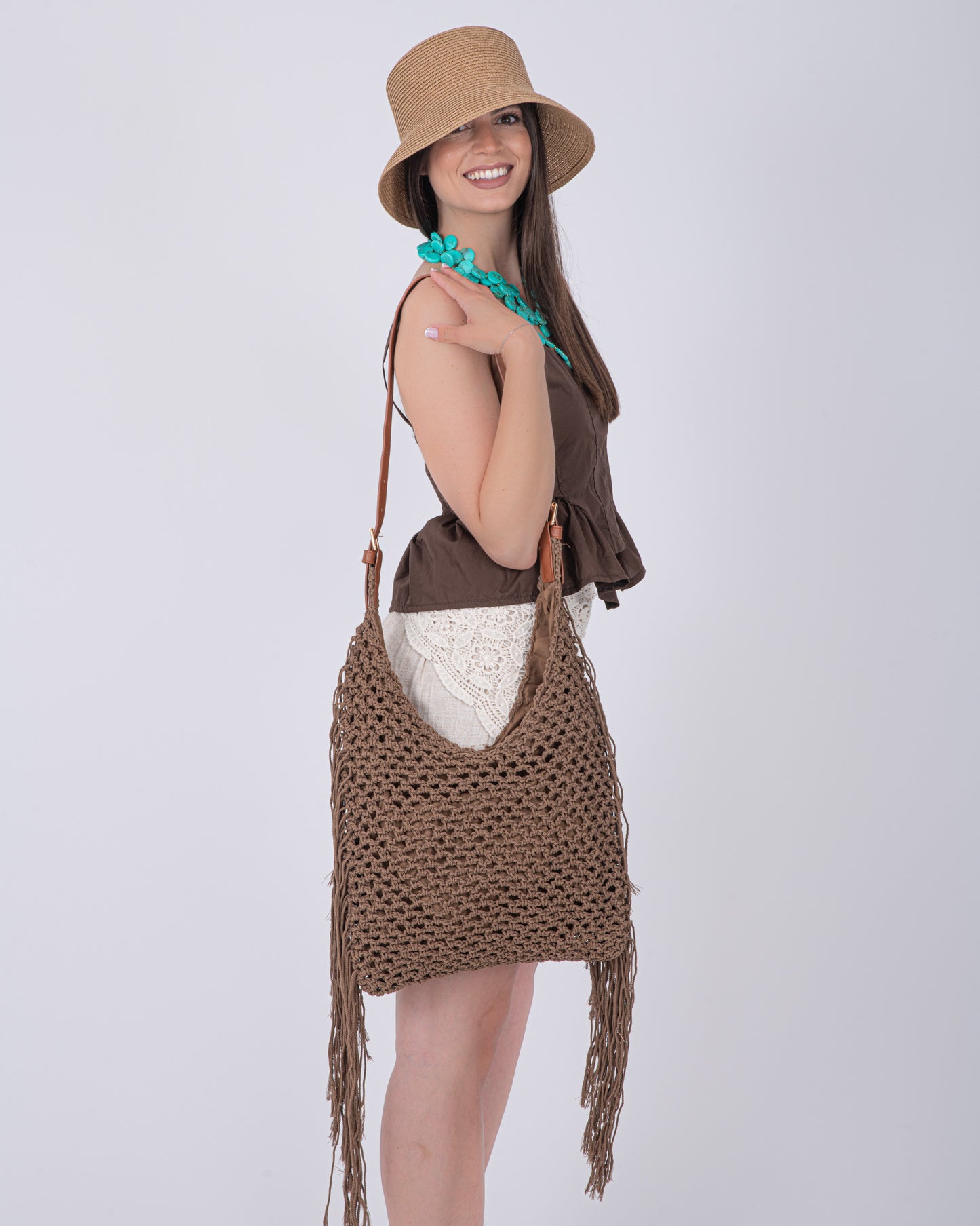 BORSA PAGLIA FRANGE MARRONE