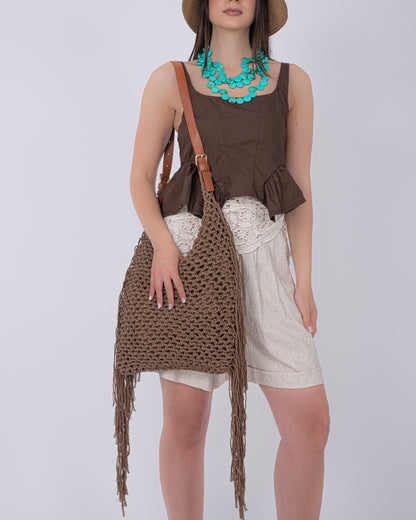 BORSA PAGLIA FRANGE MARRONE