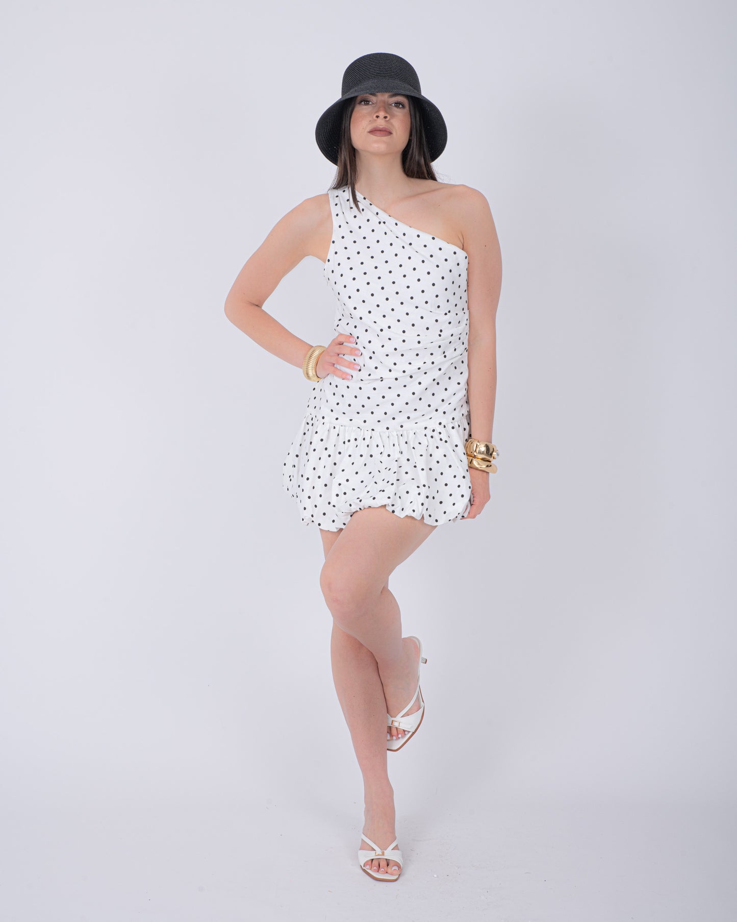 ABITO MONOSPALLA POIS BIANCO