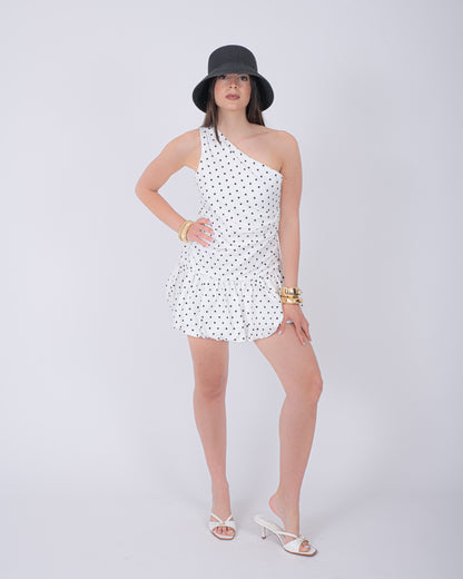 ABITO MONOSPALLA POIS BIANCO