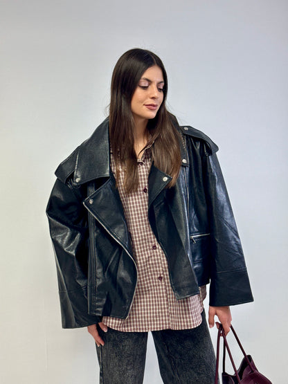 Giacca chiodo simil pelle over nero
